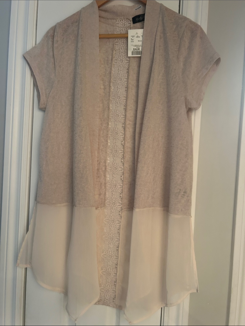 august silk blush lace-trim open chiffon-panel cardigan